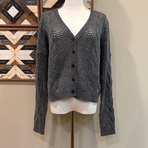 NAADAM Luxe Cashmere Blend Open Stitch Cable Knit Cardigan Sweater Grey XS